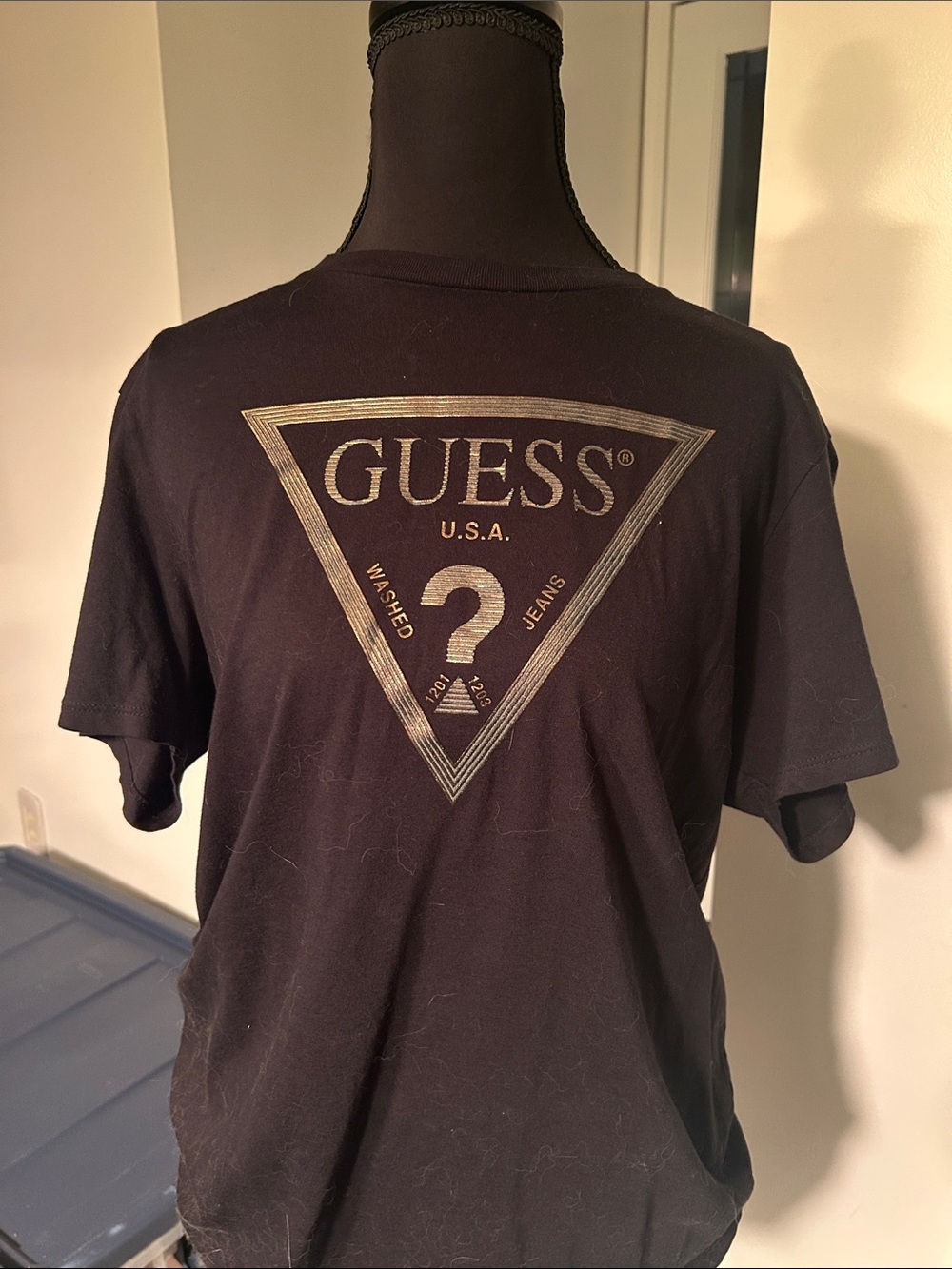 Guess Black Short Sleeve Tee with Metallic Gold Triangle Logo